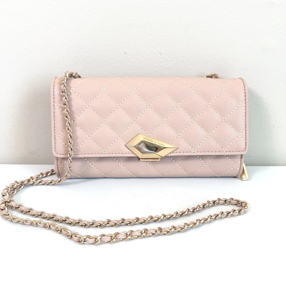 Charles and Keith Coquette Light Pink Quilted Wallet on Chain Crossbody Bag
